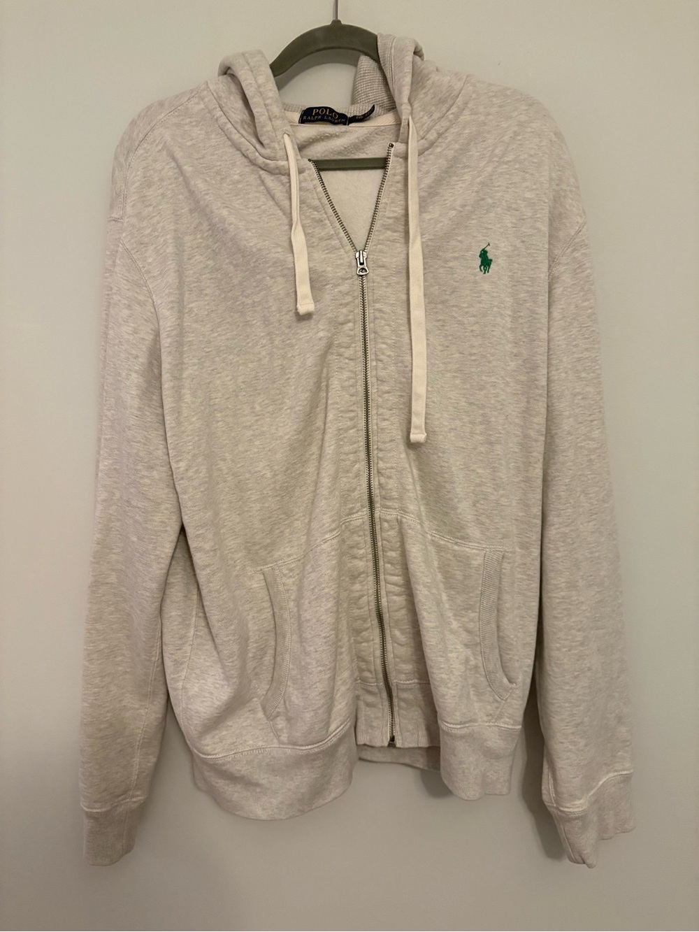Ralph Lauren Light Gray Zip-Up Hoodie with Green Polo Logo